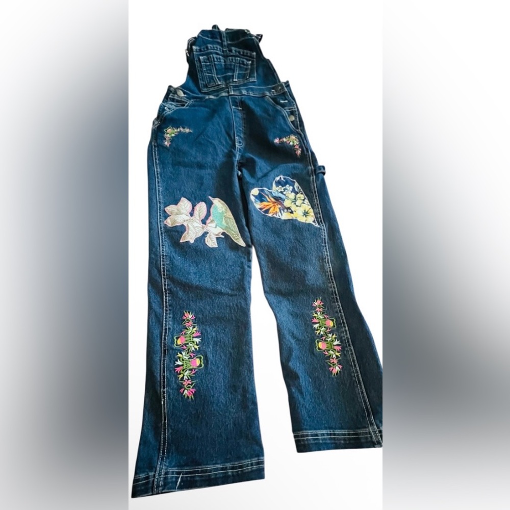 Refashioned Denim Overalls | Handmade LOVE Tropical Art Overalls | Size Small - Picture 2 of 2
